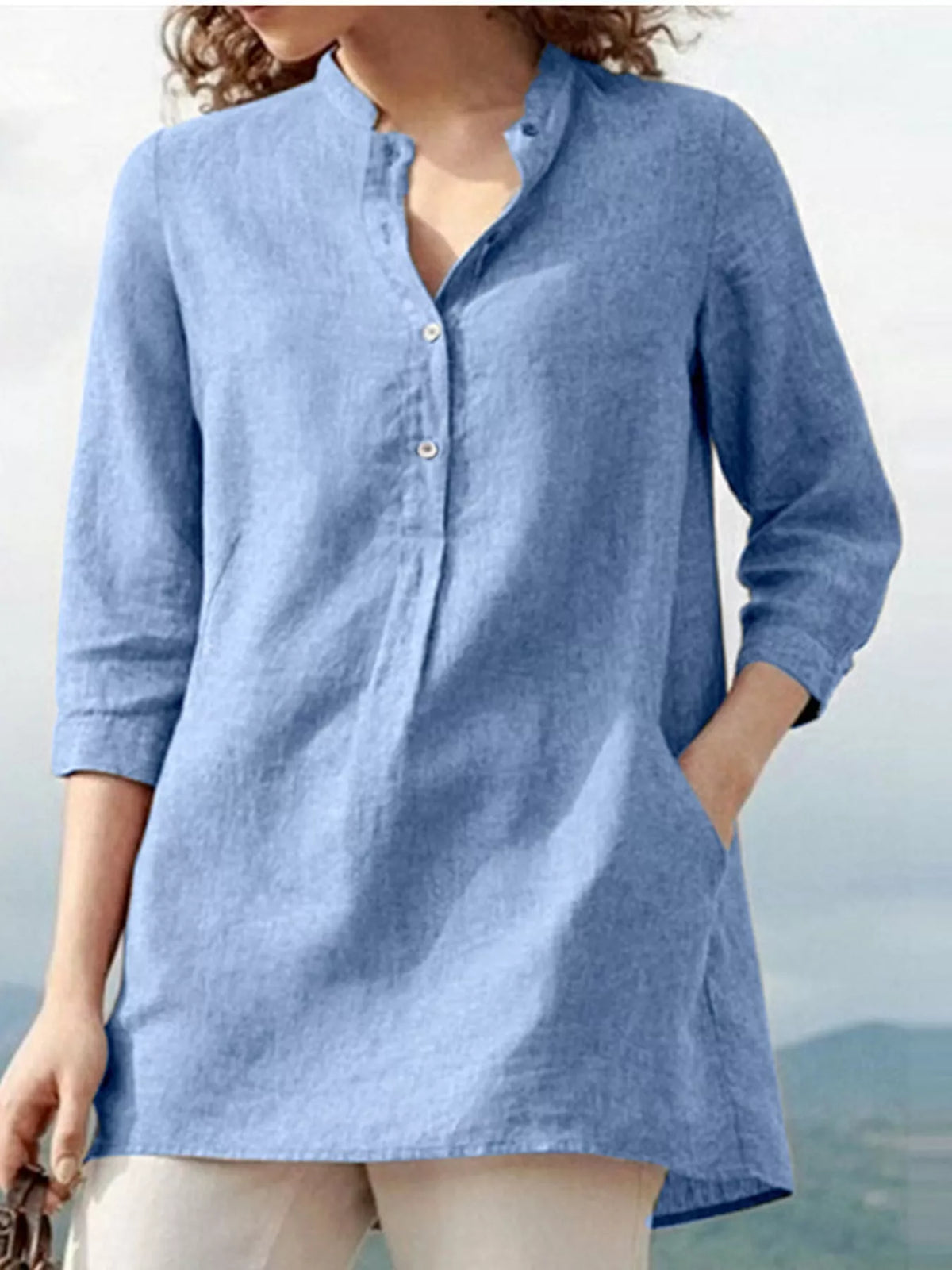 Marigold Collections Australia half button pocketed 3/4 sleeve blouse, stylish tops with front pockets and relaxed fit
