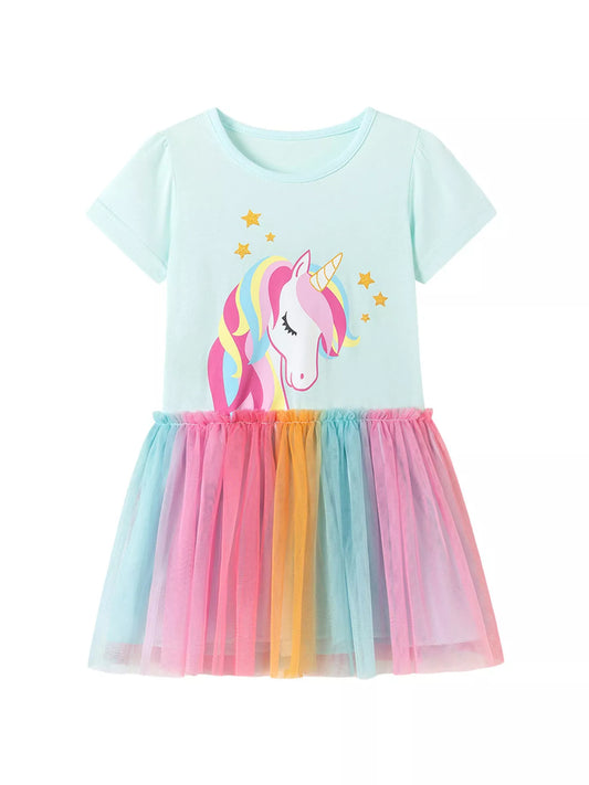 Children's unicorn rainbow tulle dress by Marigold Kids, featuring colorful rainbow and unicorn graphic, perfect for girls' special occasions.