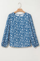 Blue Ditsy Floral Print Lantern Sleeve Blouse