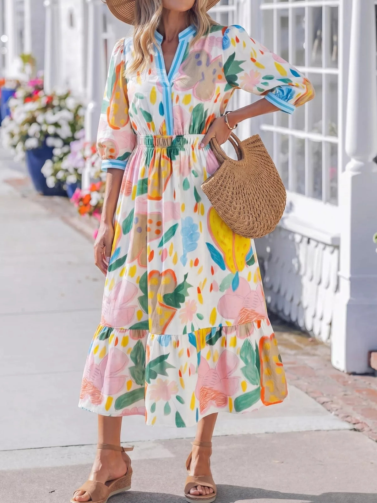 Abstract Botanical Print Half Sleeve Midi Dress