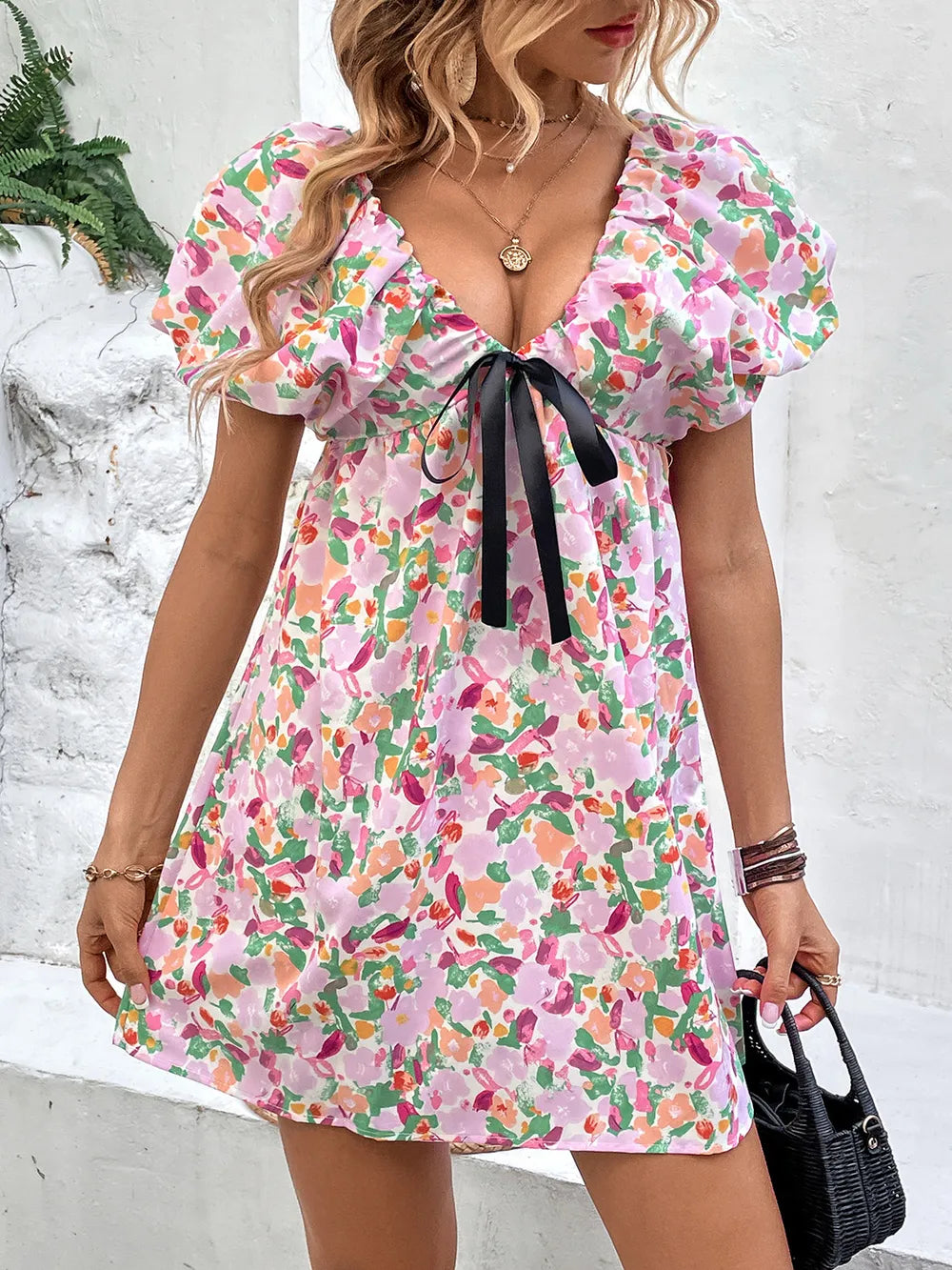 Abstract Floral Print Bow Front Mini Dress