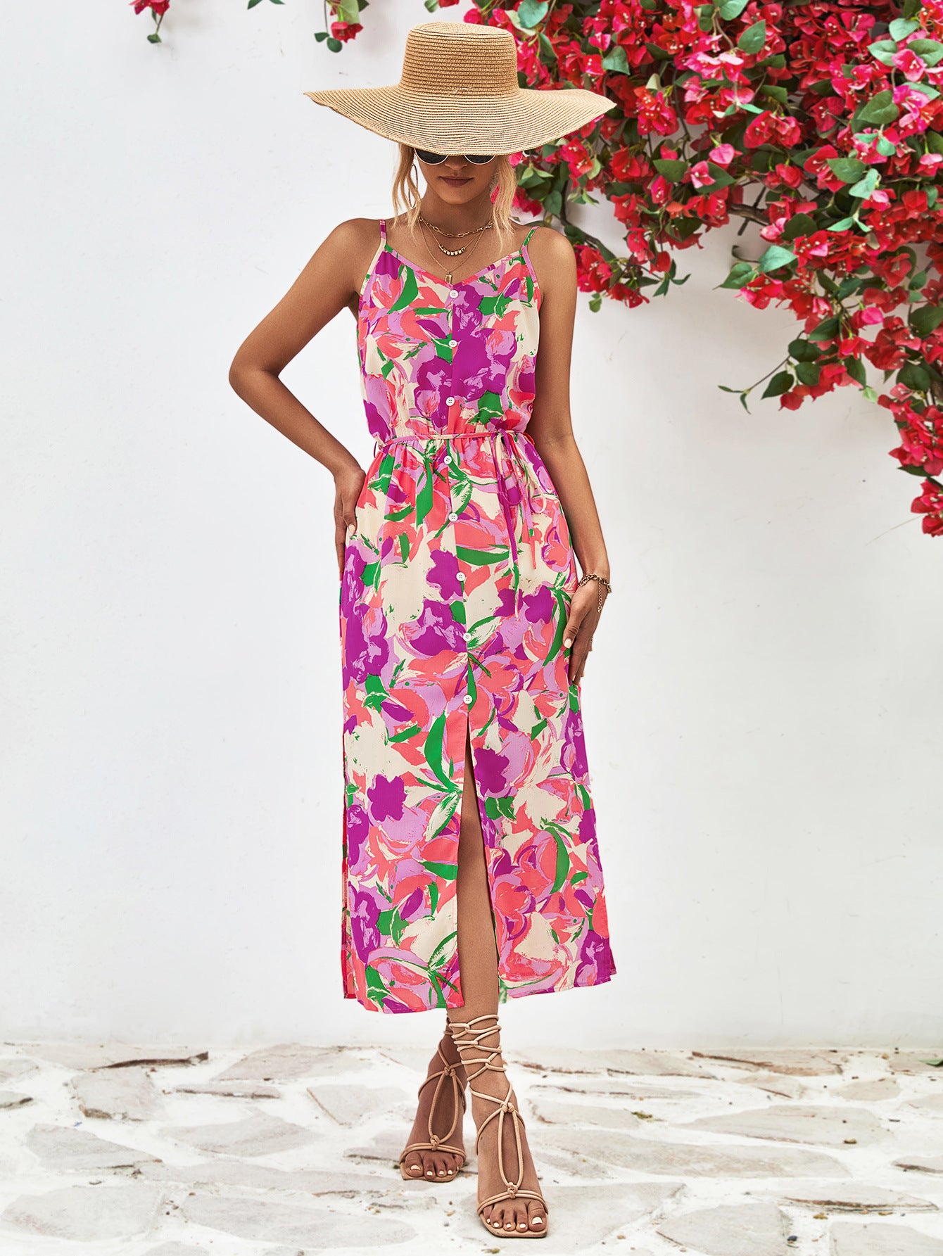 Abstract Floral Print Spaghetti Strap Midi Dress