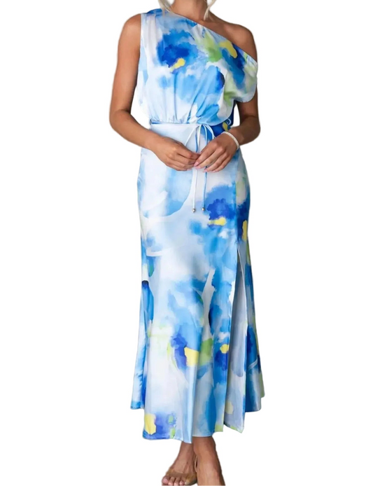 Abstract Print Asymmetrical Shoulder Midi Dress