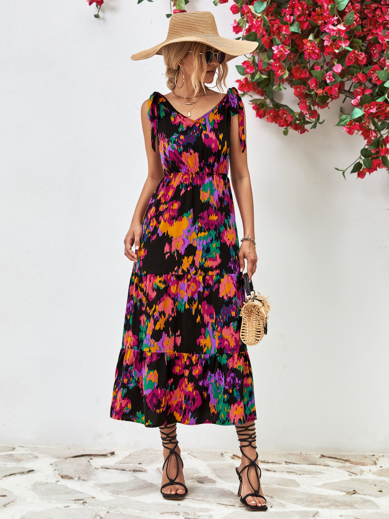 Abstract Print Backless Midi Dress