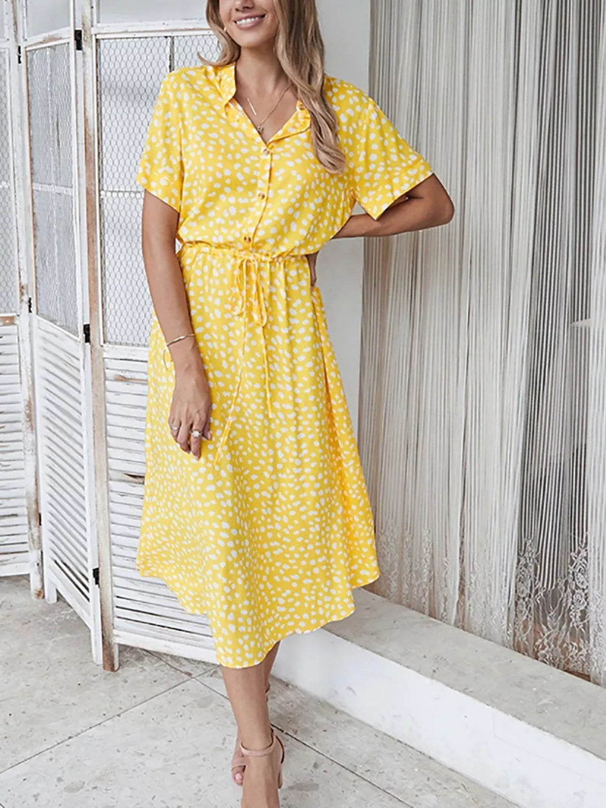 Abstract Print Midi Shirt Dress Butter Yellow
