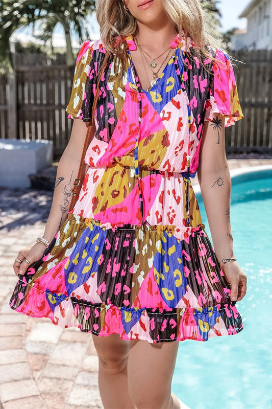 Abstract Print Neck Short Sleeve Mini Dress