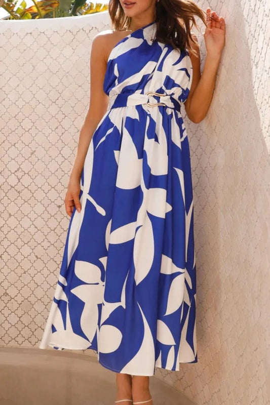 Abstract Print One Shoulder Midi Dress blue