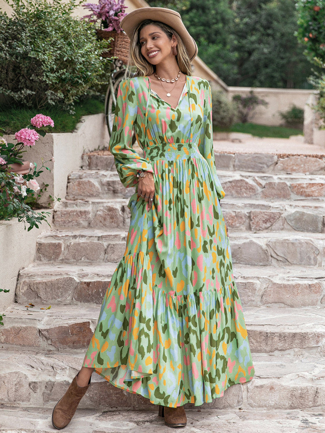 Abstract Print Tie Neck Long Sleeve Maxi Dress
