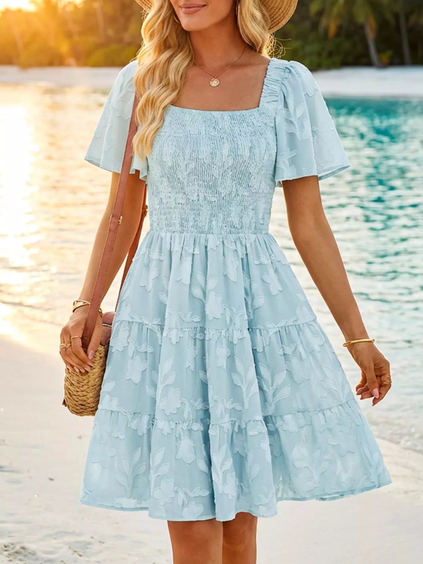 Angel Sleeve Square Neck Tiered Mini Dress