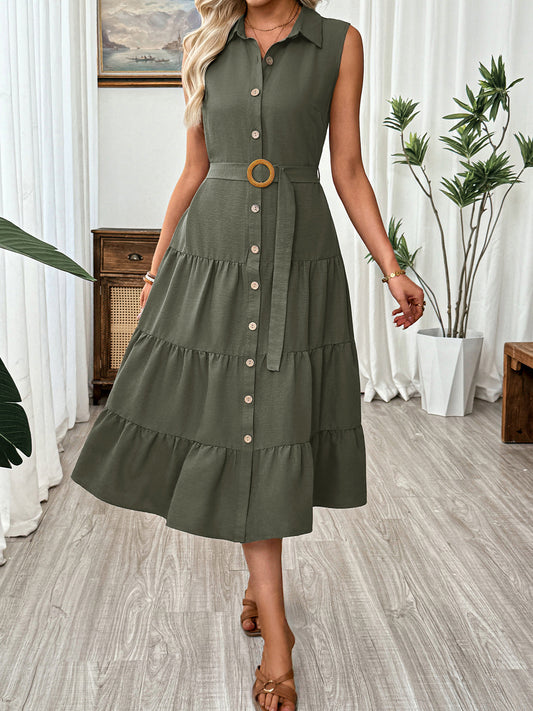 Army Green Belted Tiered Midi Shirt Dress