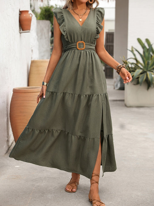 Army Green Ruffle Sleeve Smocked Waist Tiered Maxi Dress