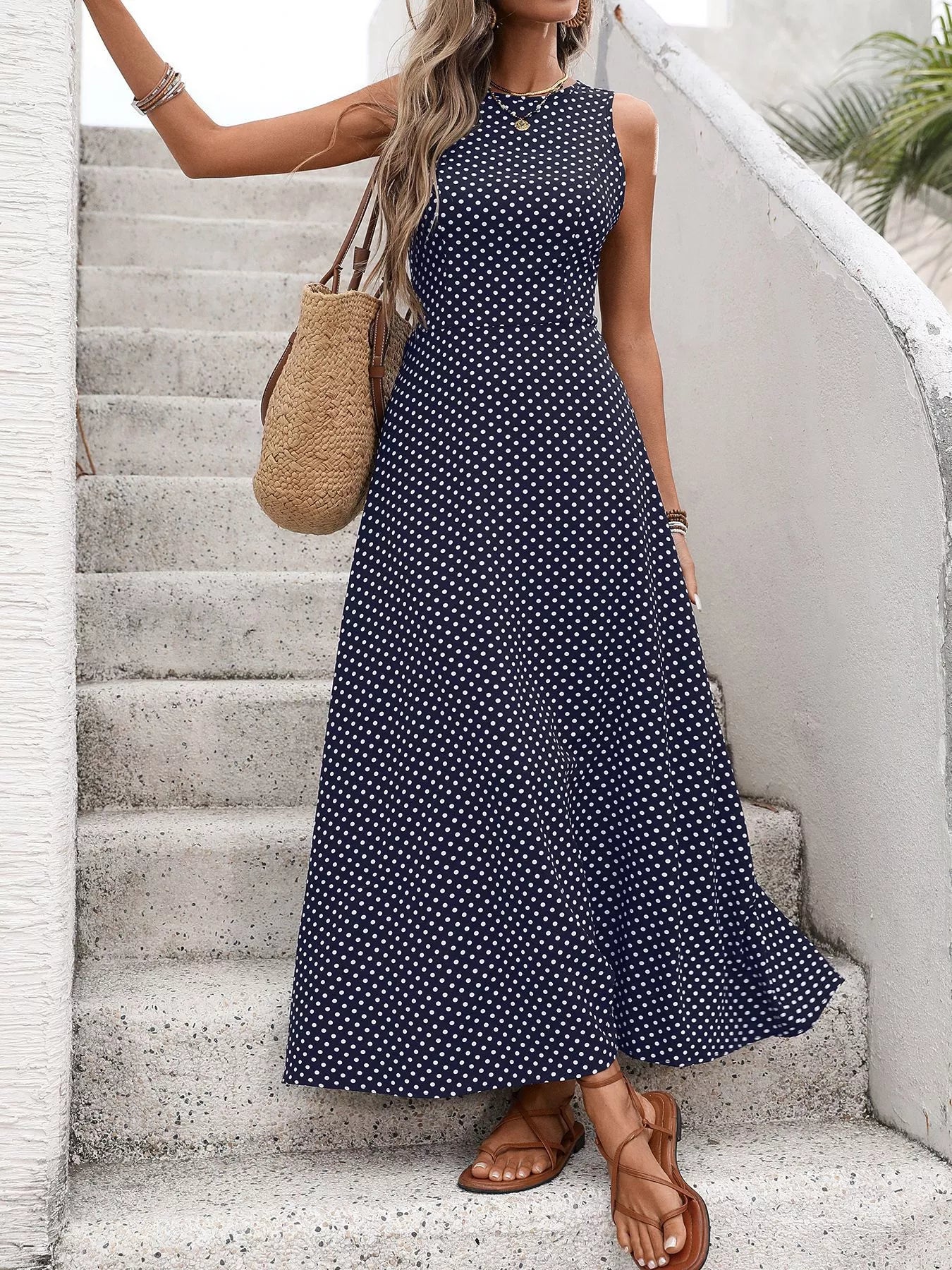 Backless Polka Dot Maxi Dress Blue