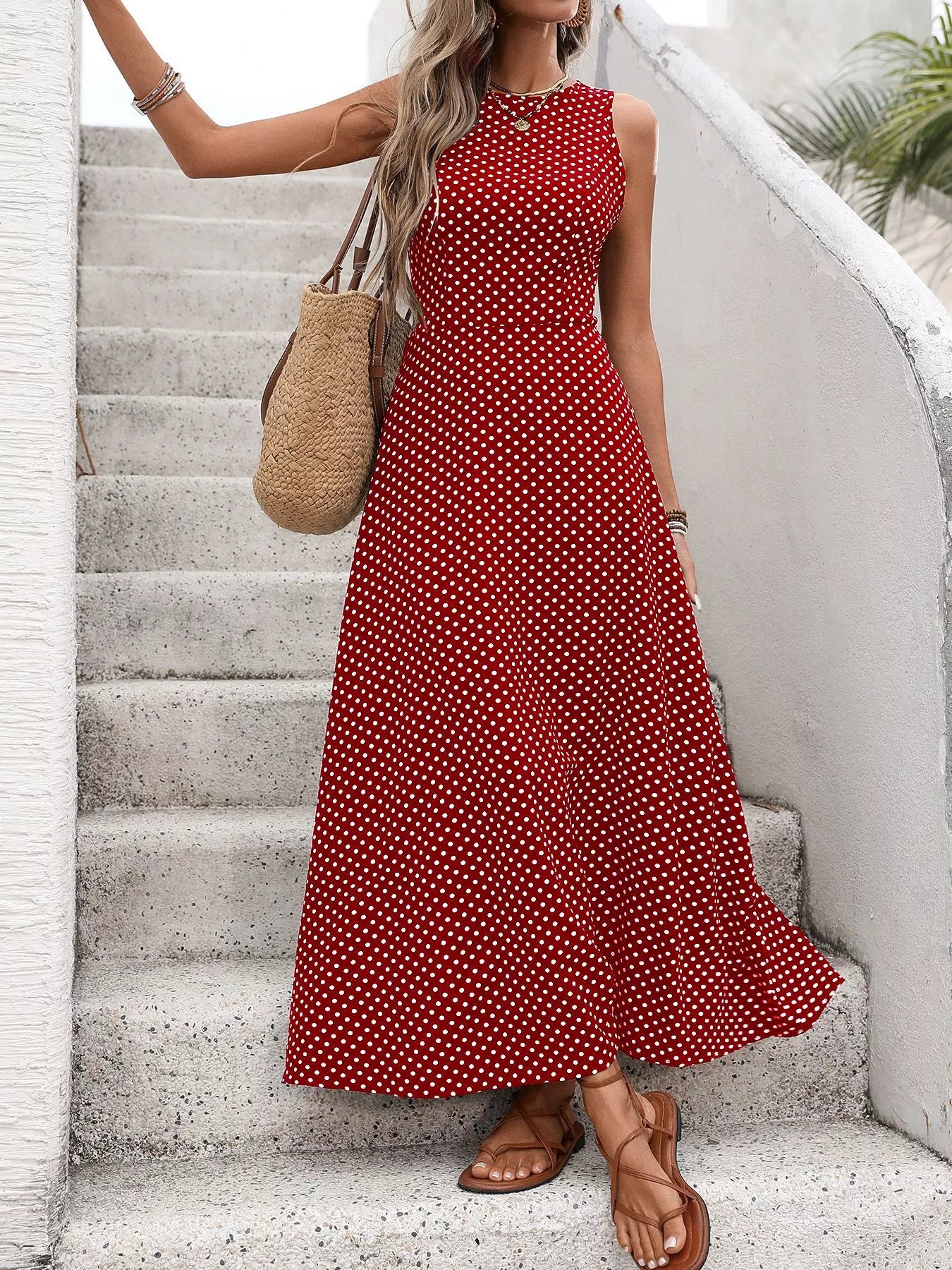 Backless Polka Dot Maxi Dress Red