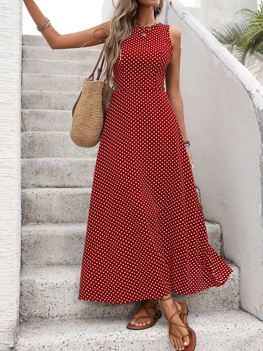 Backless Polka Dot Maxi Dress Red