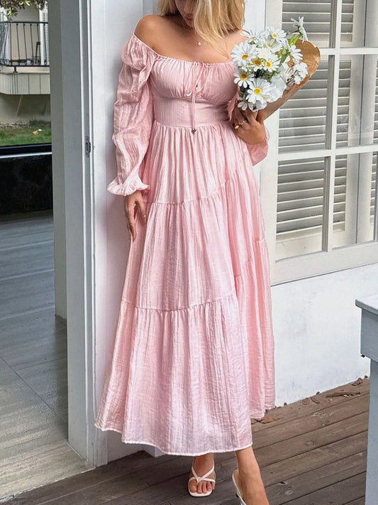 Balloon Long Sleeve Tiered Midi Dress pink