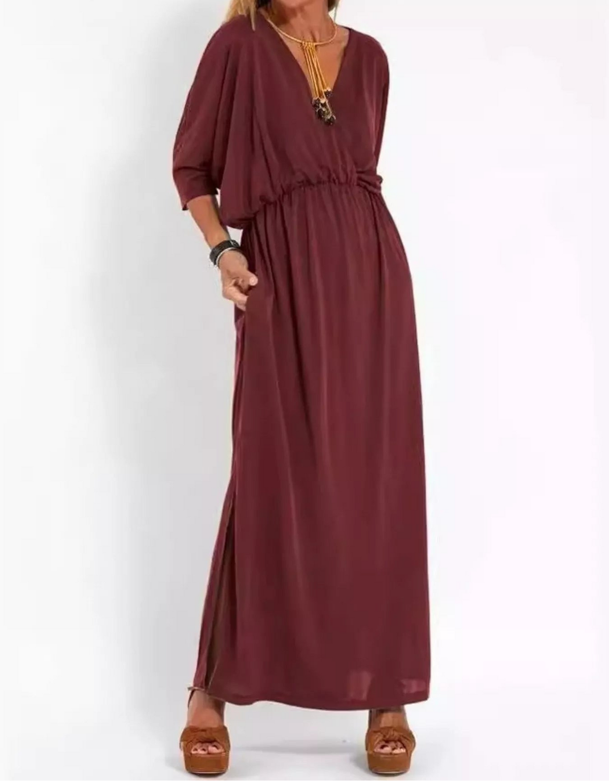 Batwing Sleeve Maxi Dress with Side Slits