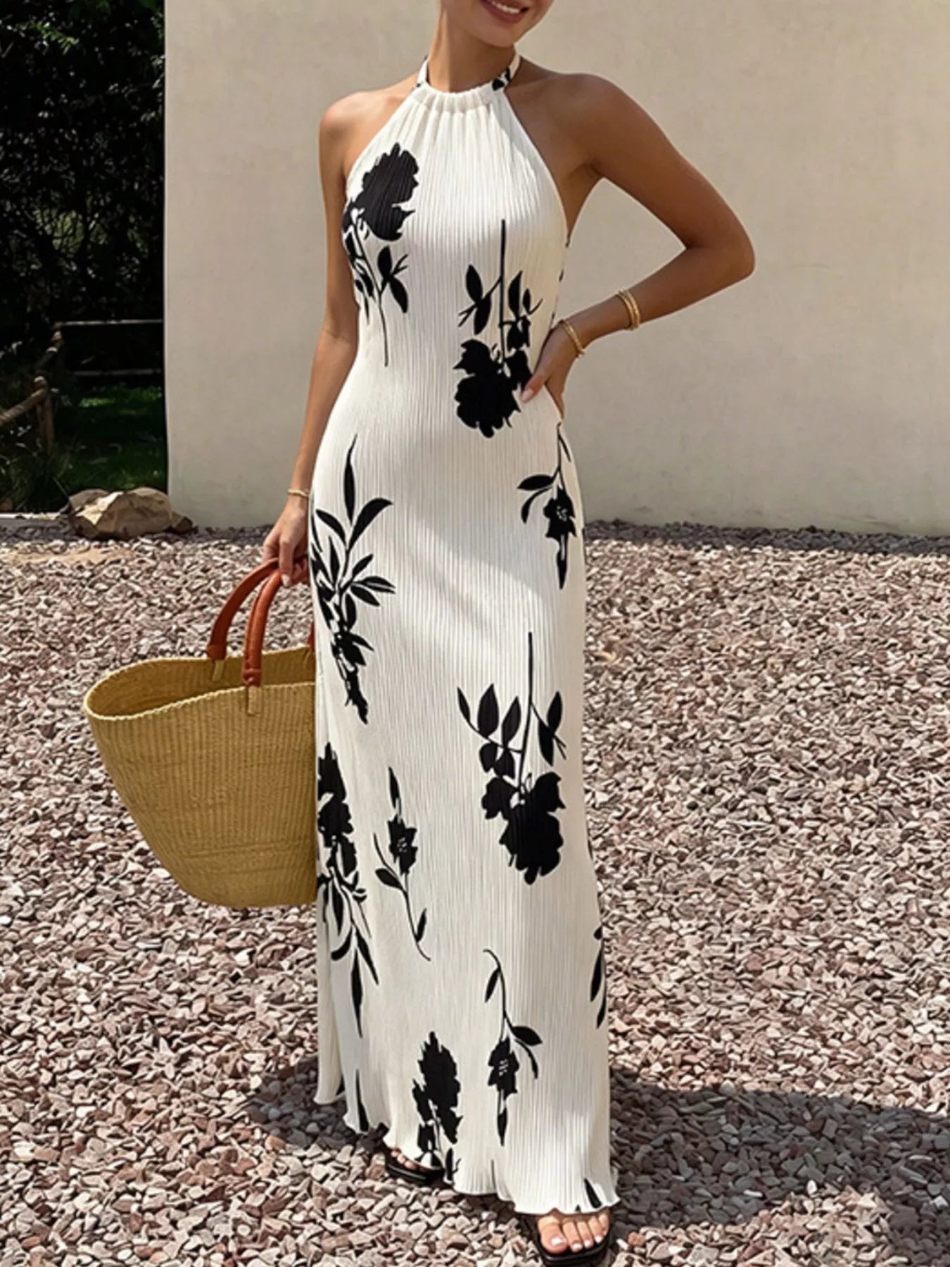 Black Floral Print Halter Neck Maxi Dress