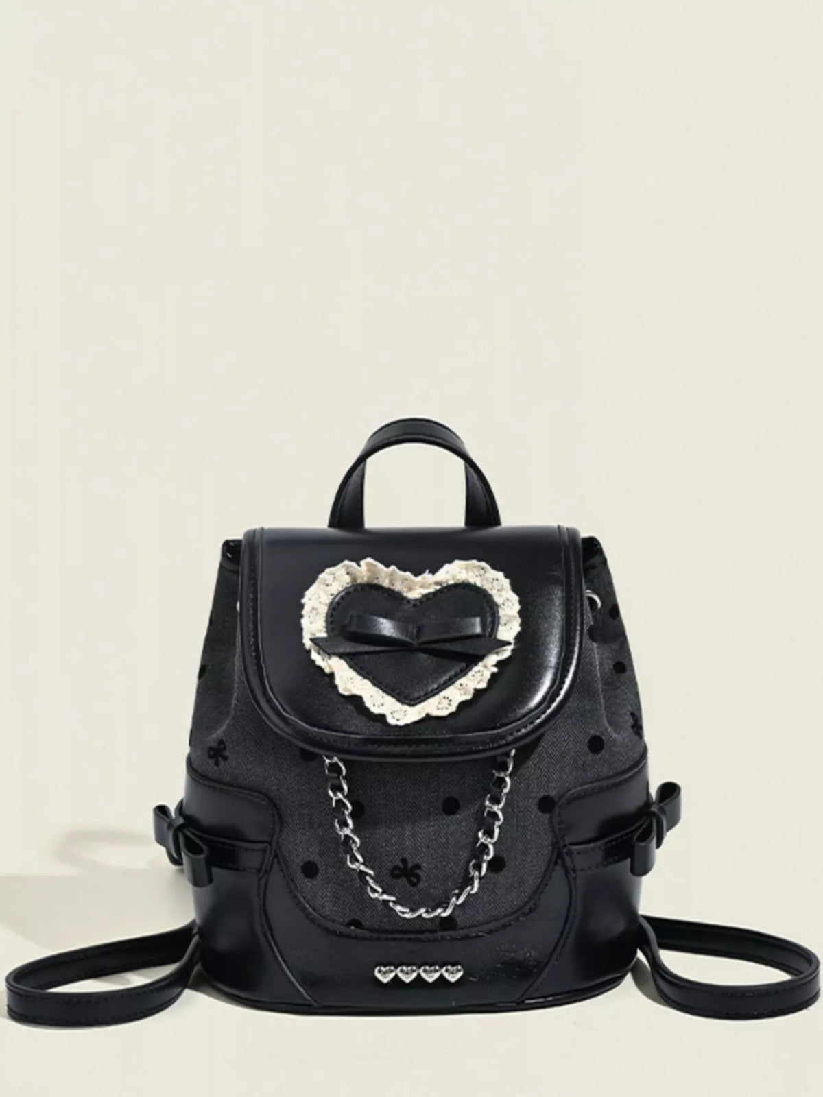 Black Mini Backpack with Bow, Lace, Heart, and Chain Detail