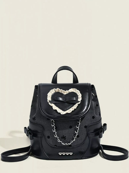 Black Mini Backpack with Bow, Lace, Heart, and Chain Detail