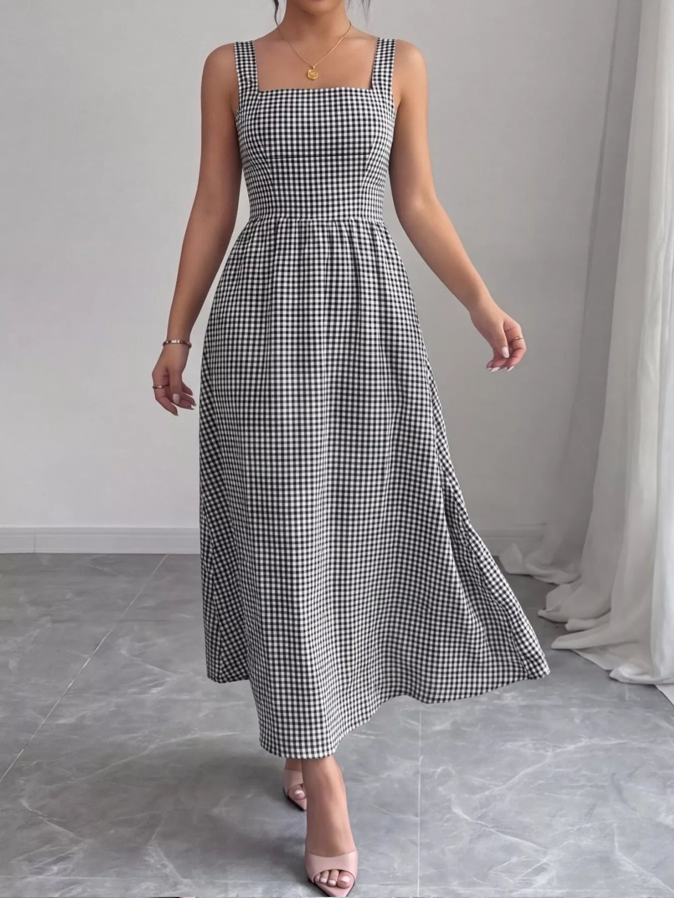 Black Square Neck Gingham Midi Dress