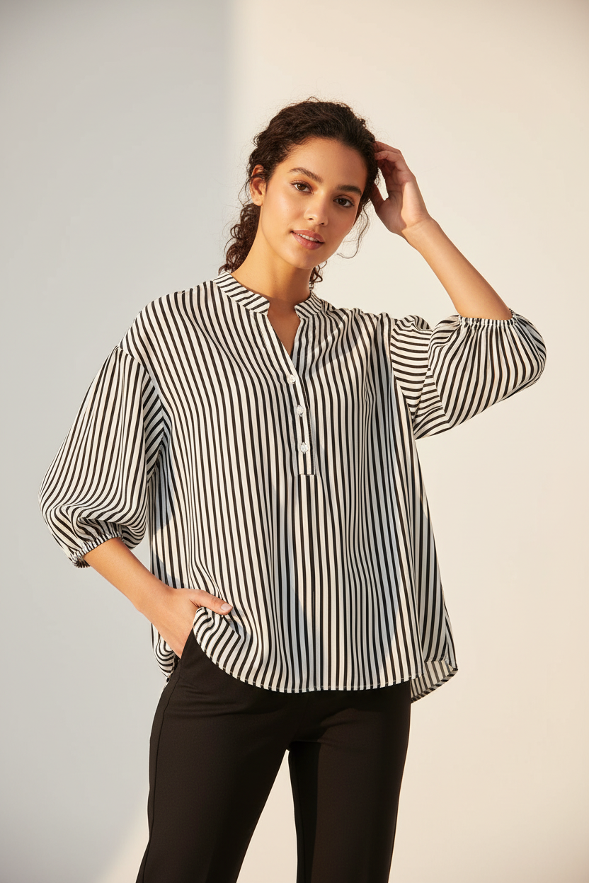 Black Striped Half Sleeve Button-Up Shirt