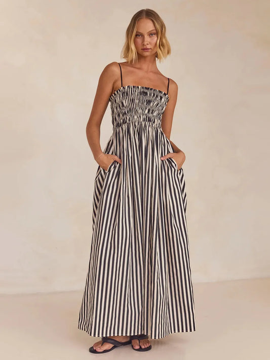 Black and White Striped Smocked Cami Maxi Dress