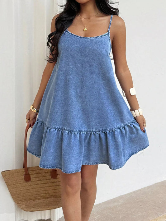 Blue Denim Mini Dress with Ruffle Hem