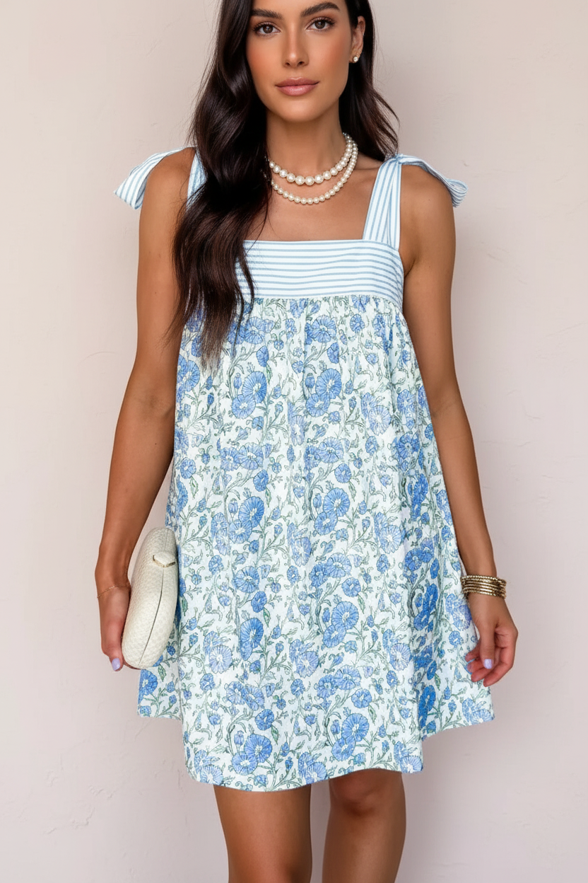 Blue Floral Print Shoulder Tie Mini Dress 1