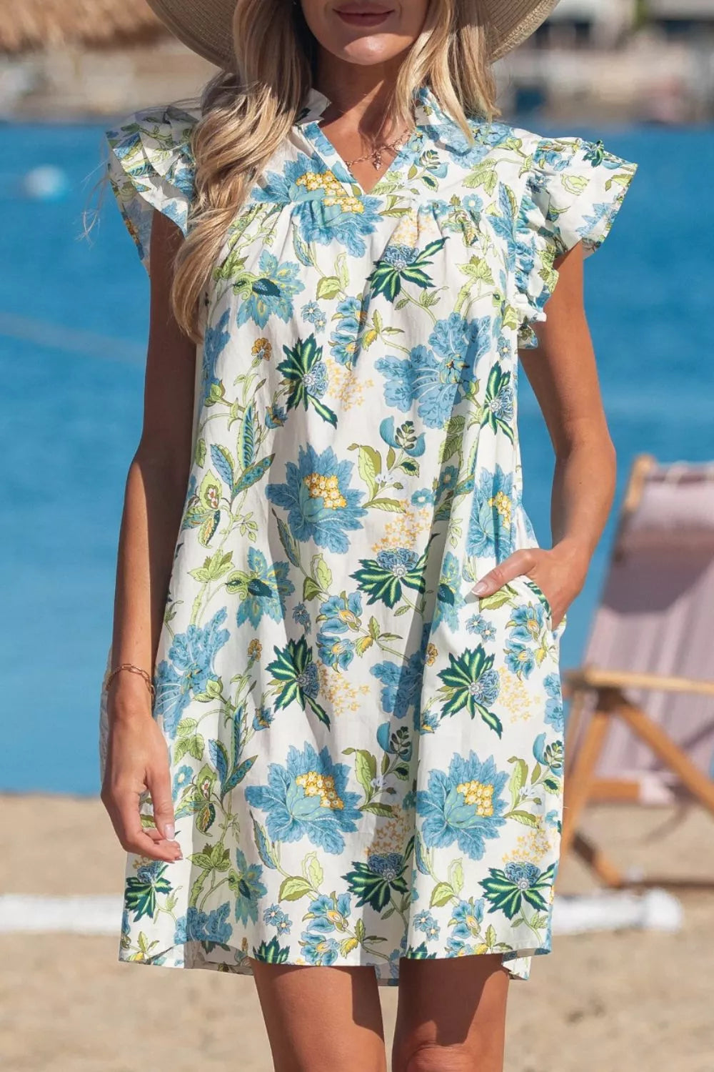 Blue Floral Print Ruffle Sleeve Shift Dress