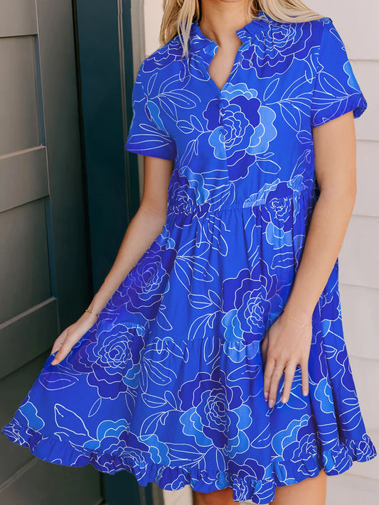 Blue Floral Ruffle Hem Mini Dress front