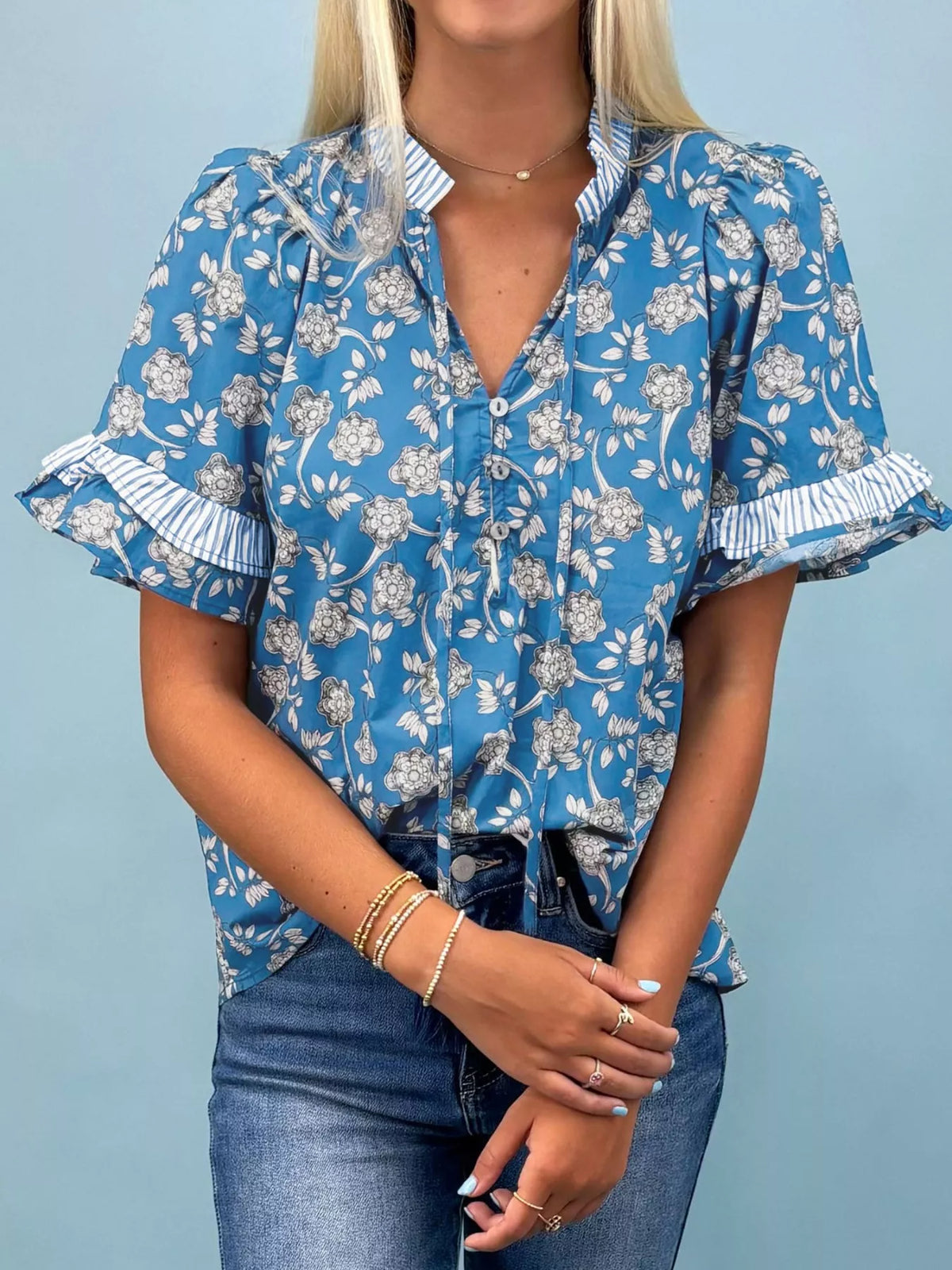 Blue Floral Ruffle Short Sleeve Blouse