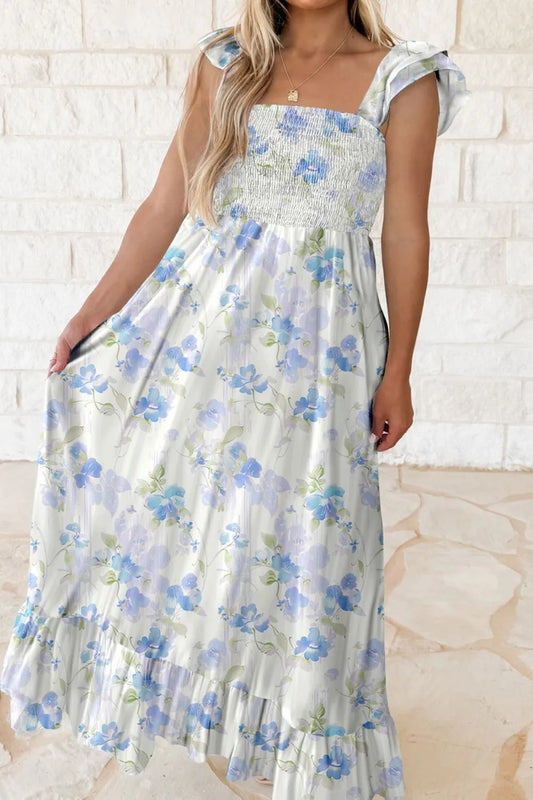 Blue Floral Smocked Bodice Ruffle Sleeve Maxi Dress