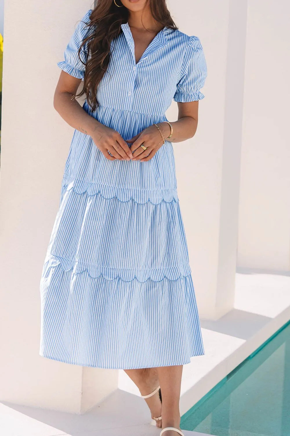 Blue Stripe Scallop Tiered Midi Dress
