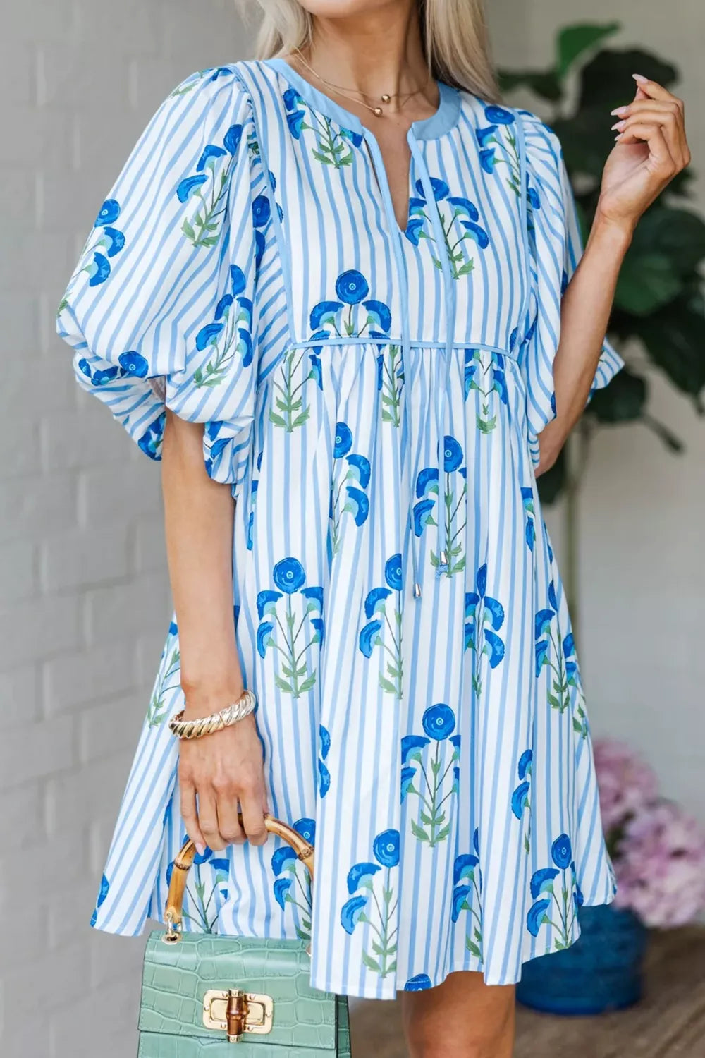 Blue Striped Floral Mini Dress