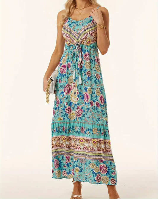 Boho Floral Print Tassel Midi Cami Dress