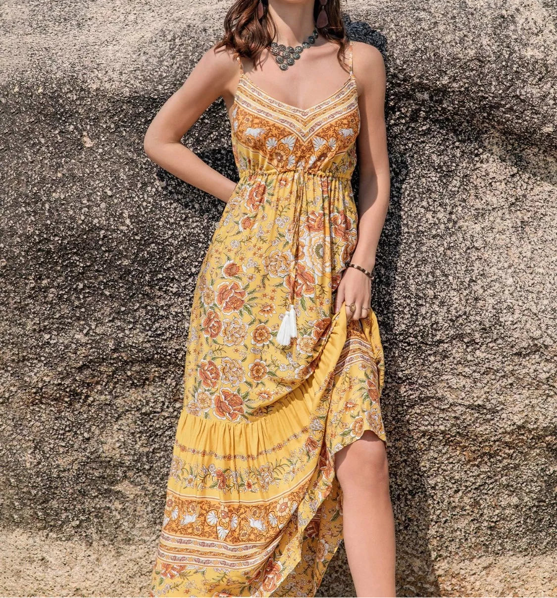Boho Floral Print Tassel Tie Maxi Dress