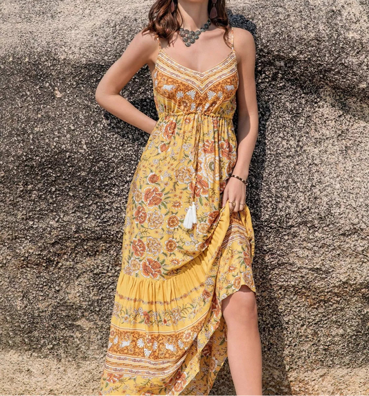 Boho Floral Print Tassel Tie Maxi Dress