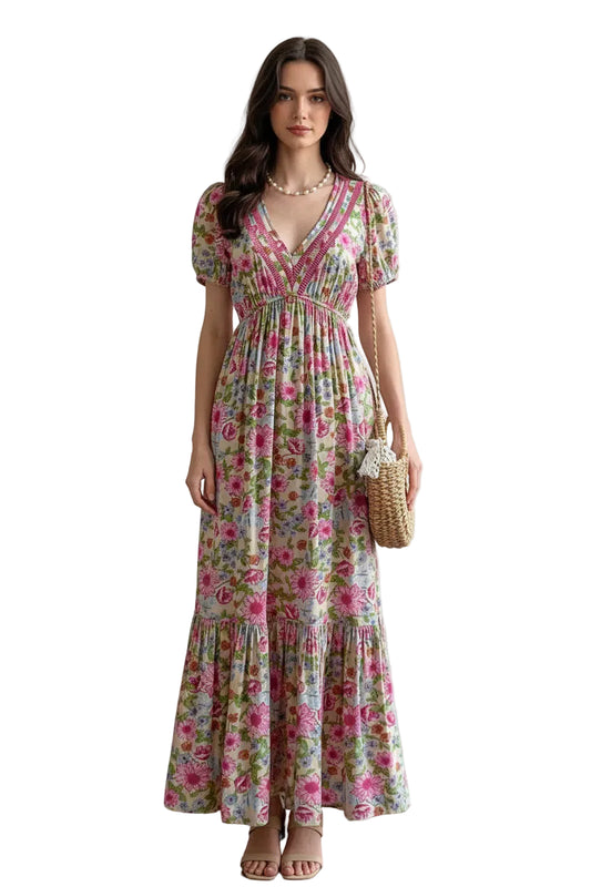 Boho Floral Print V-Neck Maxi Dress