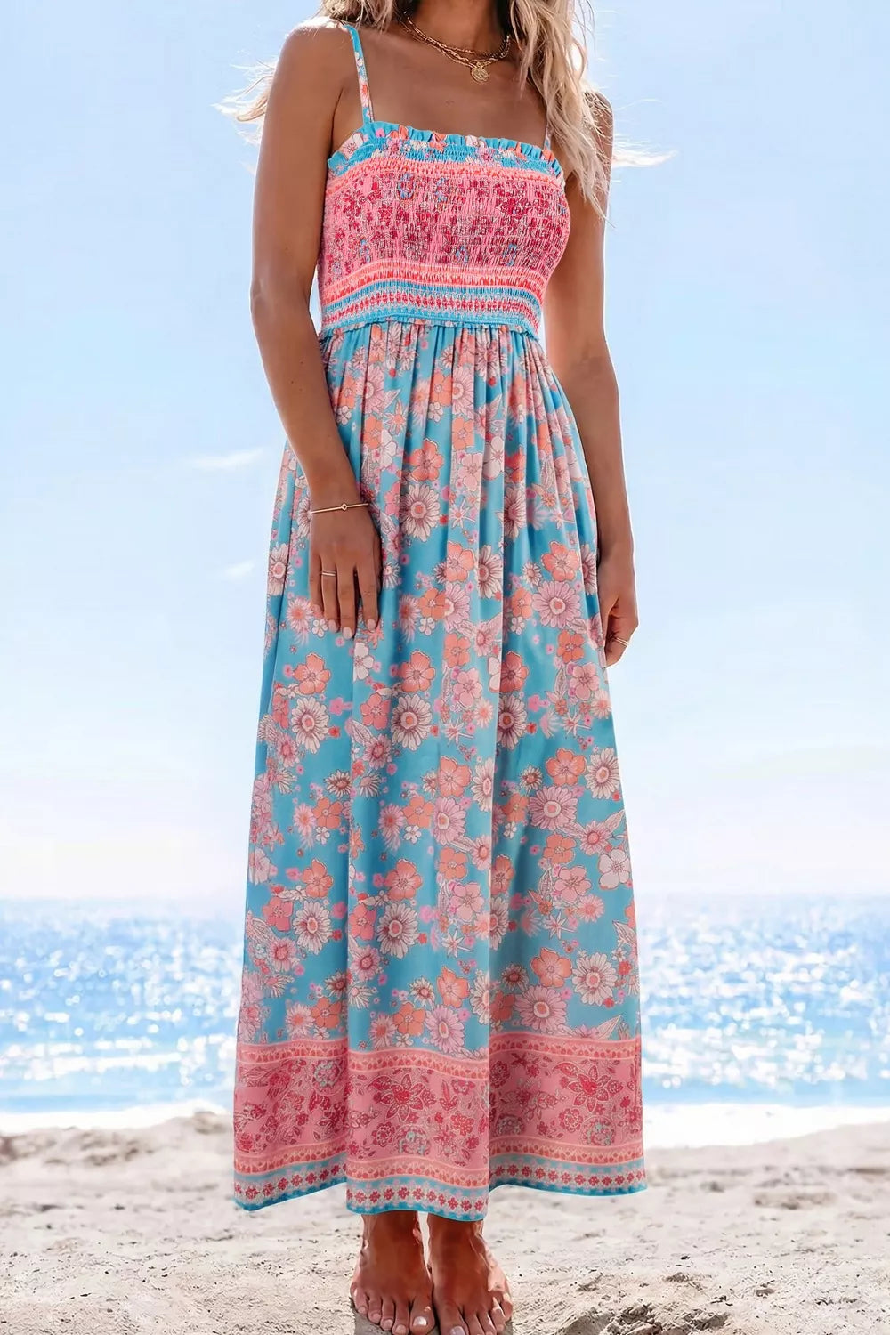 Boho Floral Smocked Maxi Dress with Spaghetti Straps