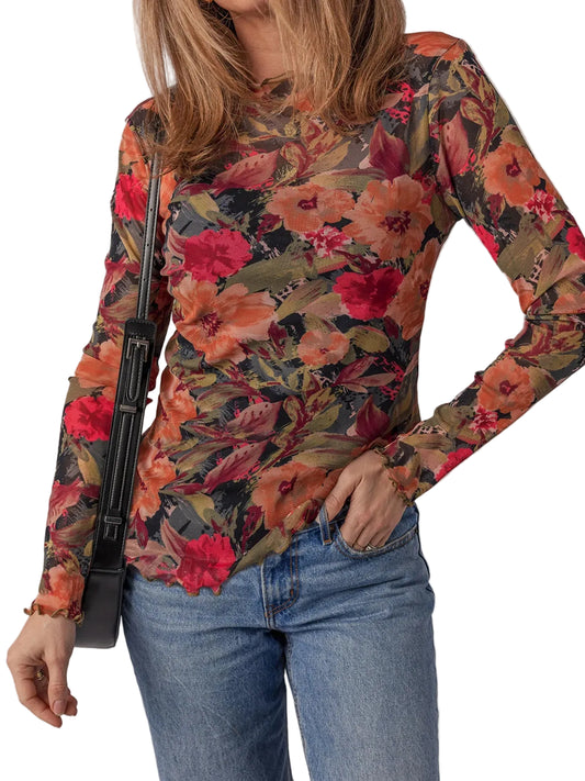 Botanical Print Long Sleeve Mesh Top