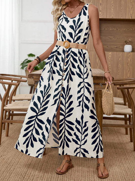 Botanical Print Sleeveless Slit Dress with Belt