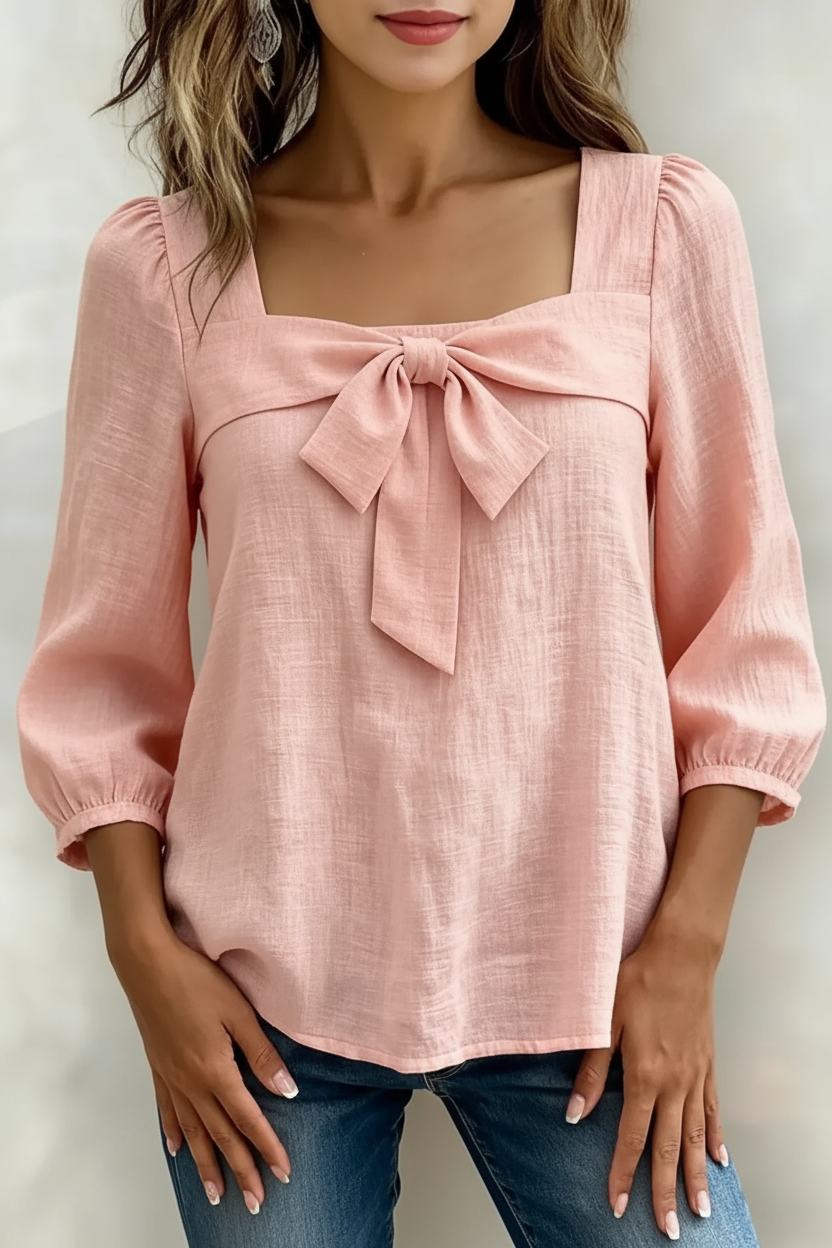 Bow Front Square Neck Blouse Pink