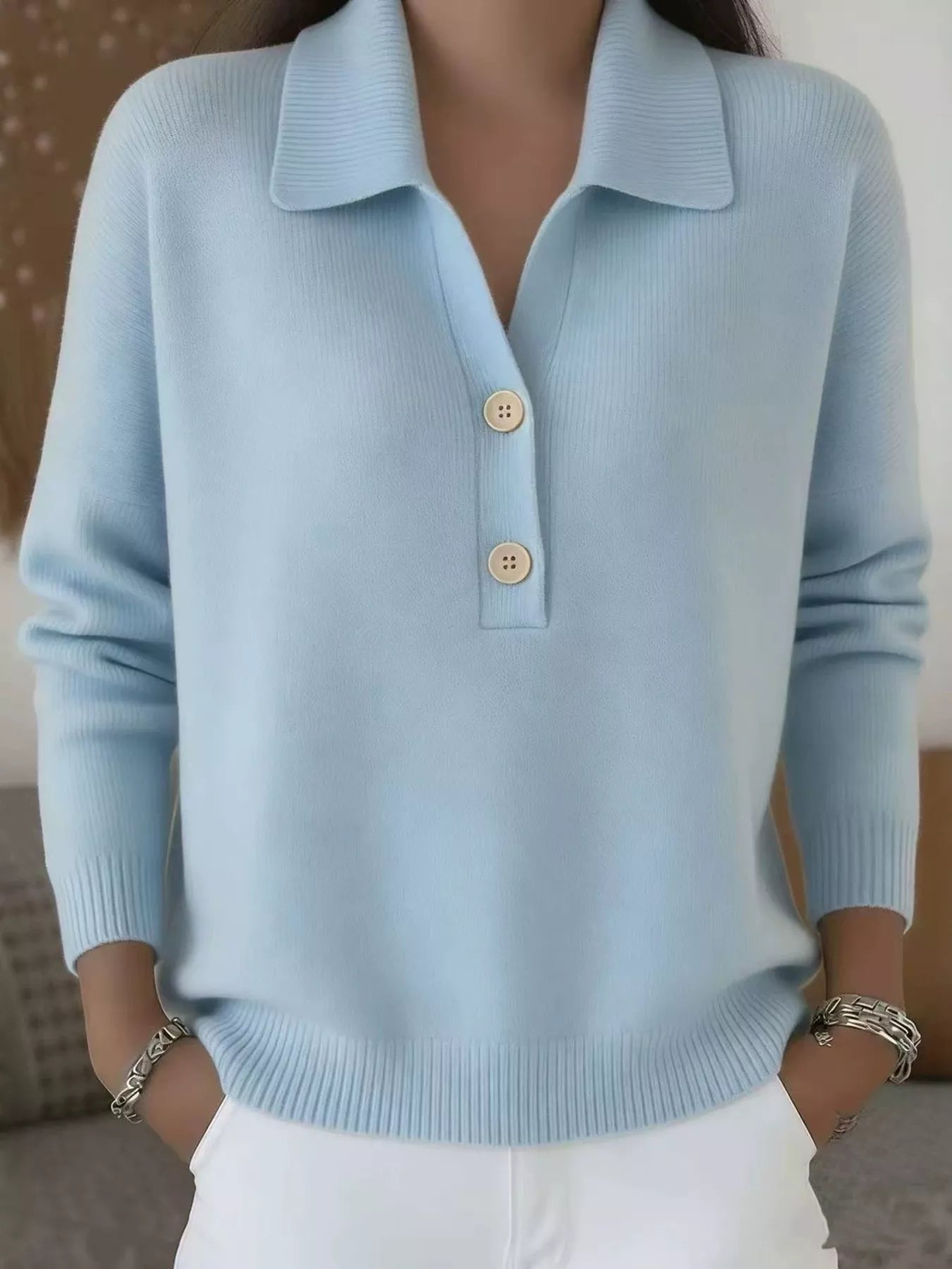 Button-Detail Collared Long Sleeve Sweater Light Blue