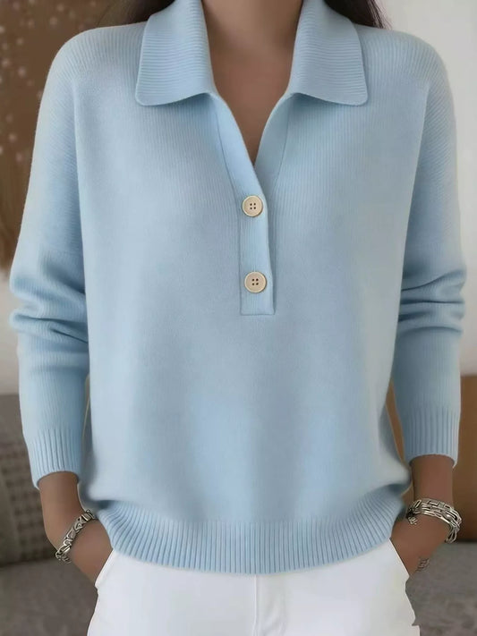 Button-Detail Collared Long Sleeve Sweater Light Blue