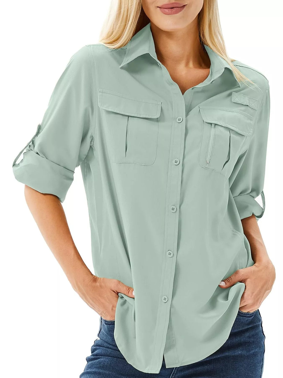 Button-Down Roll-Up Sleeve Safari Shirt Sage Green