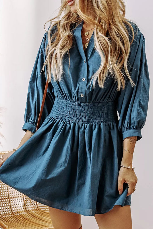 Button-Front 3/4-Sleeve Mini Shirt Dress-French blue