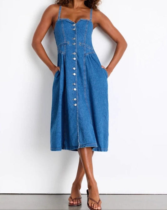 Button-Front Midi Denim Dress