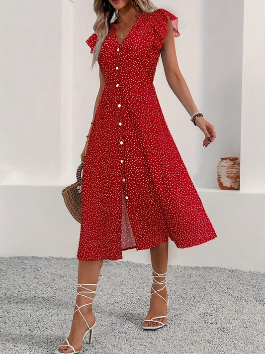 Button-Front Midi Dress with Ruffle Sleeves
