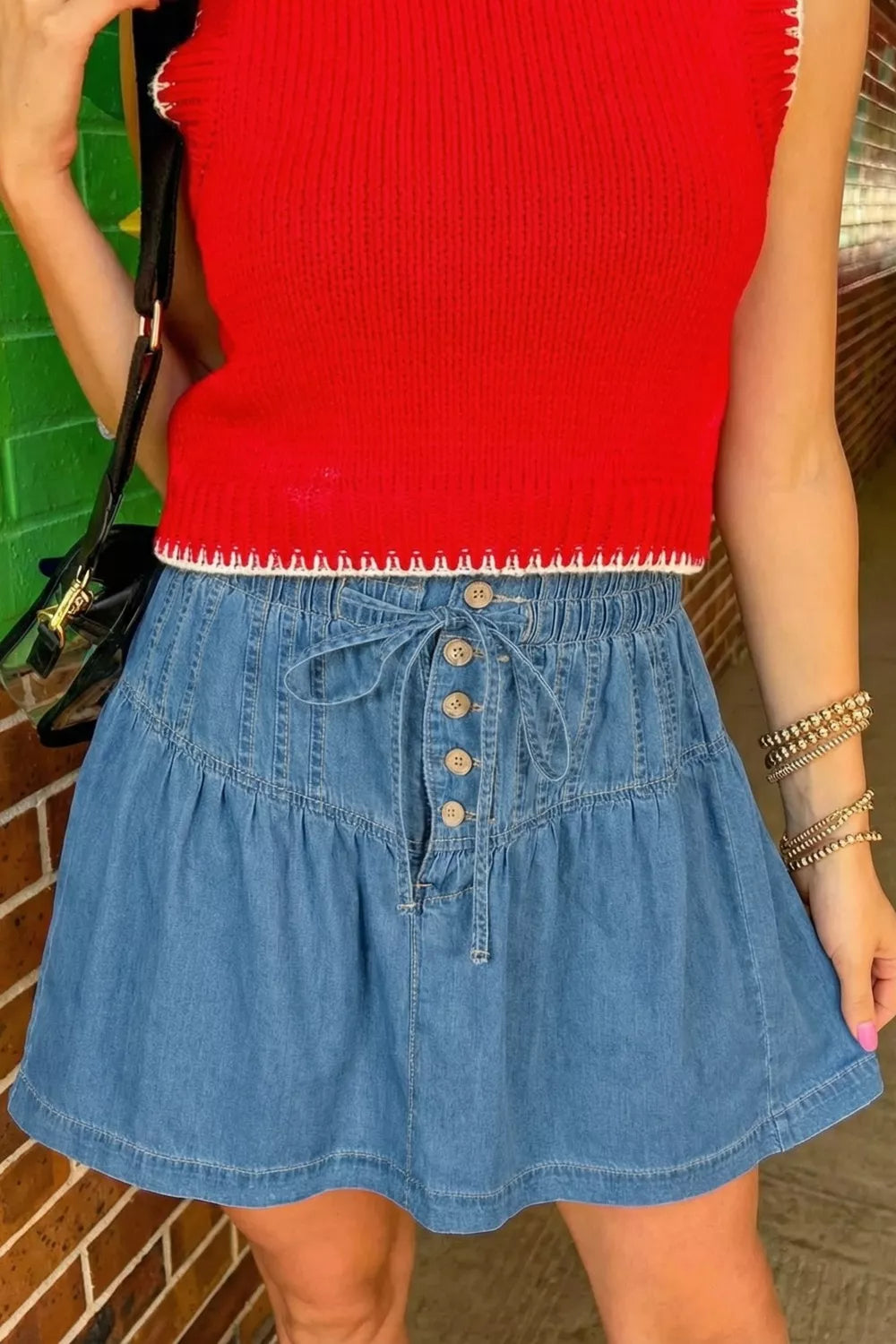Button-Front Ruffle Hem Denim Mini Skirt