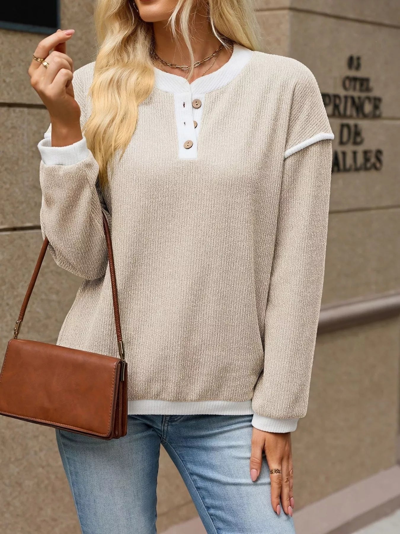 Button Detail Dropped Shoulder Pullover Jumper